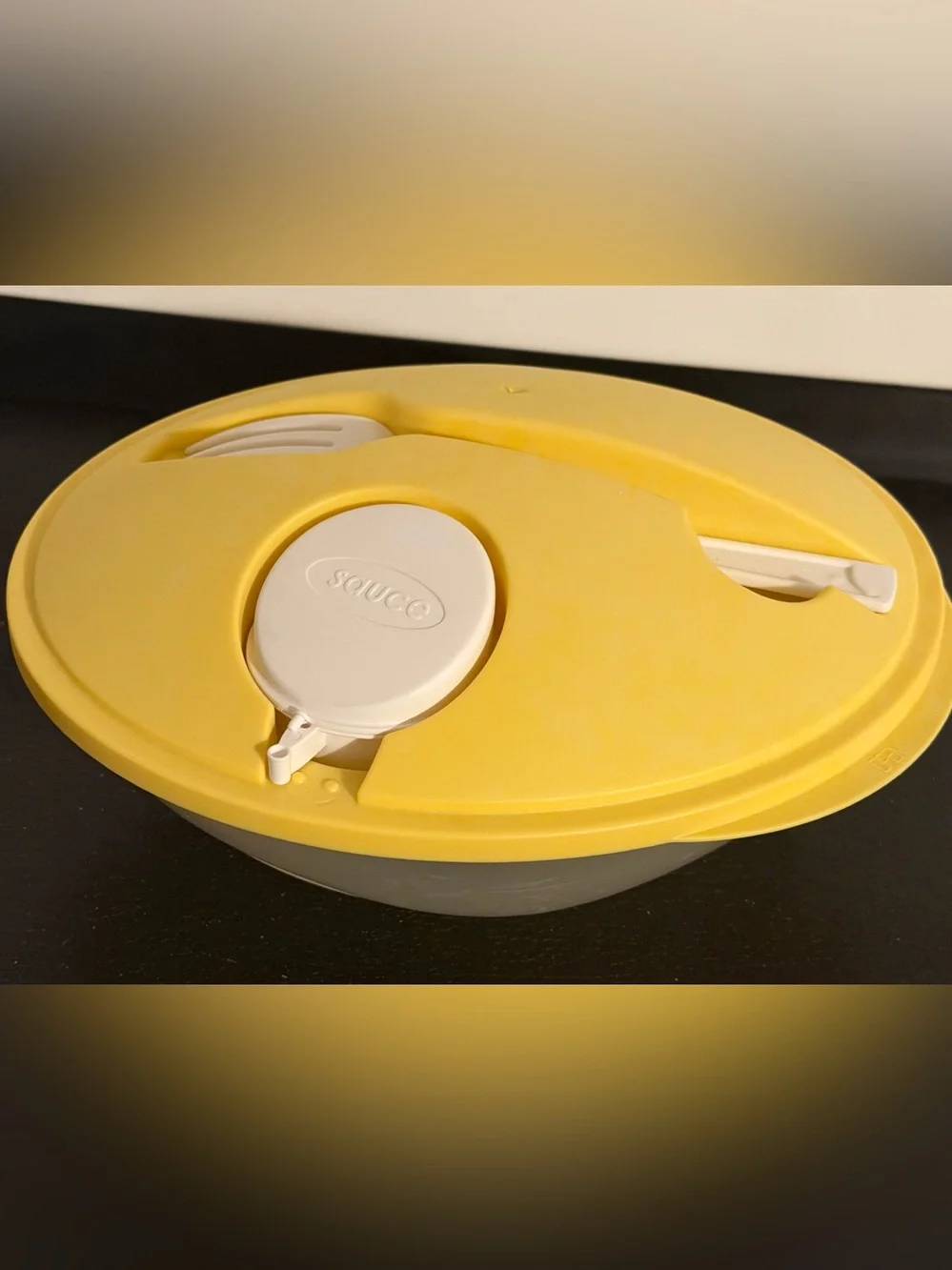Yellow Lidded Salad Bowl with Dressing Cup and Fork